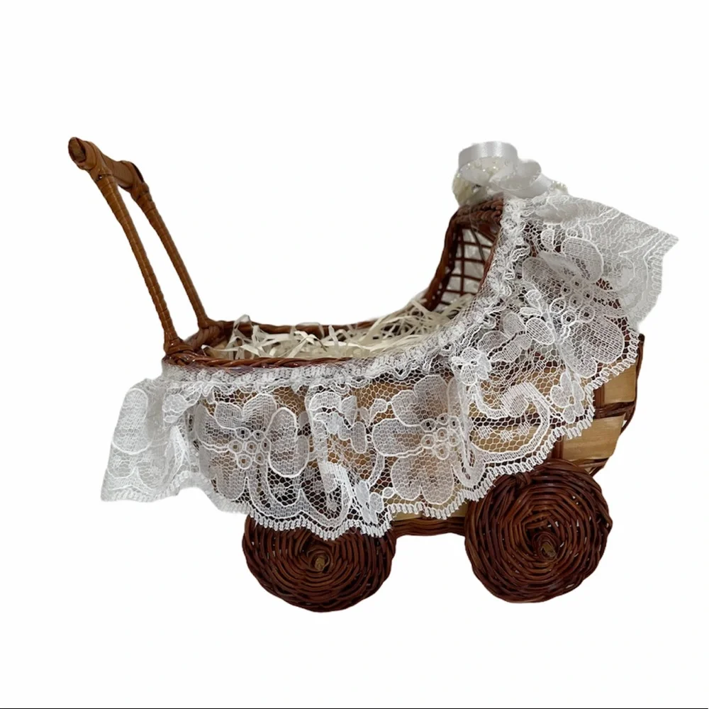 Vintage Lace Wicker Basket Baby Carriage Handcrafted Handmade Victorian Cottage